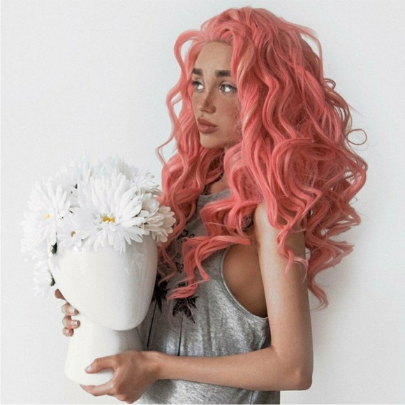 24” Pink WITH BLONDE STREAK CURLY WAVY LaceFront Wig NEW